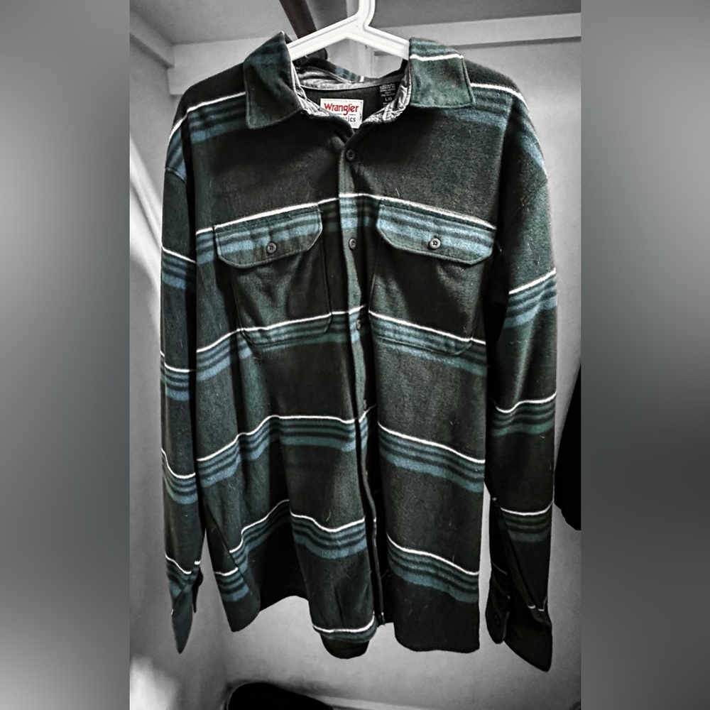 Wrangler Authentic Mens Long Sleeve Blue White Striped Flannel Button Up L